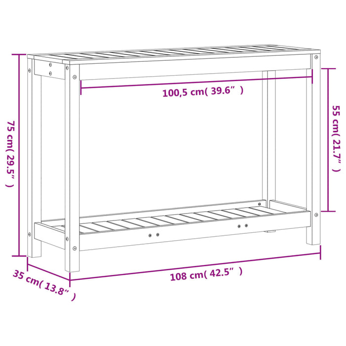 Pottebord med hylle 108x35x75 cm heltre furu