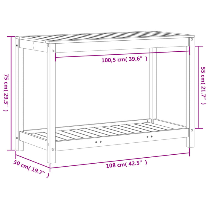 Pottebord med hylle 108x50x75 cm heltre furu