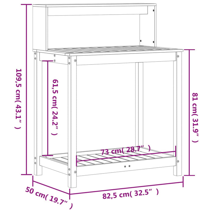 Pottebord med hyller hvit 82,5x50x109,5 cm heltre furu