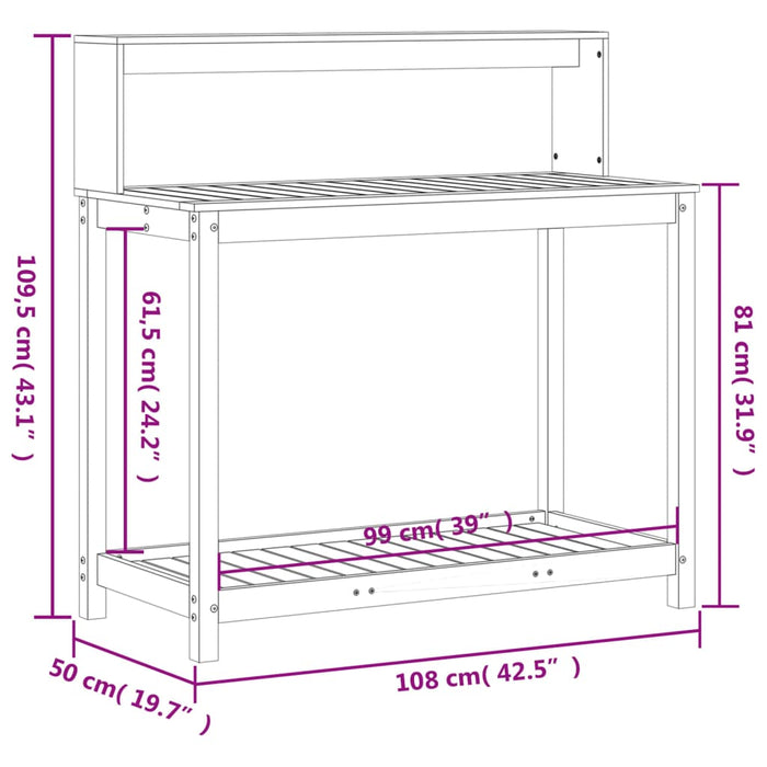 Pottebord med hyller hvit 108x50x109,5 cm heltre furu