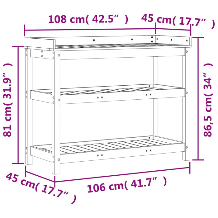 Pottebord med hyller 108x45x86,5 cm heltre furu