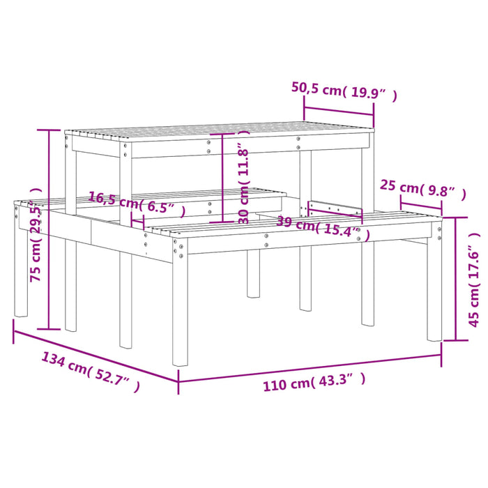 Piknikbord hvit 110x134x75 cm heltre furu