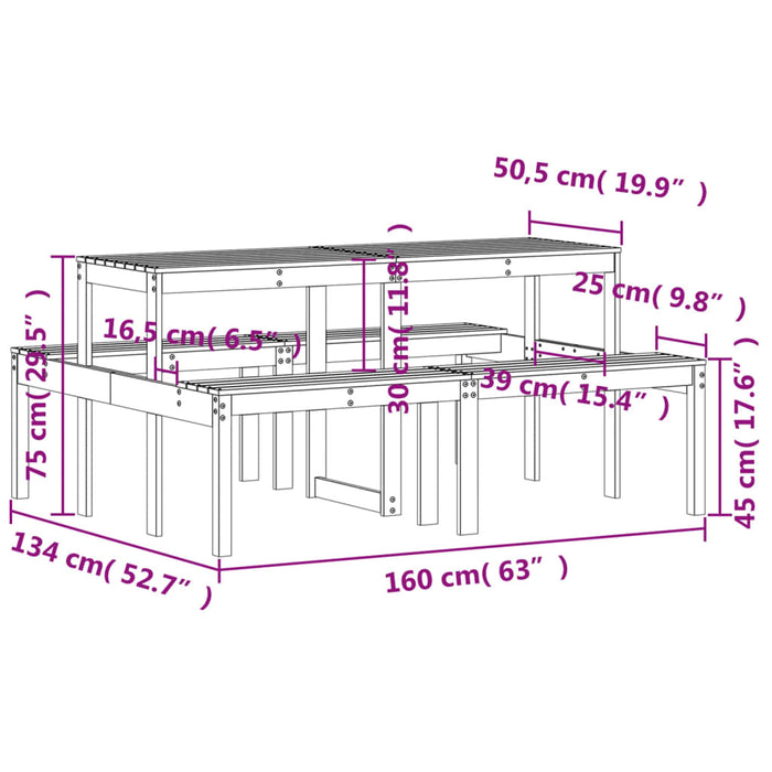 Piknikbord hvit 160x134x75 cm heltre furu