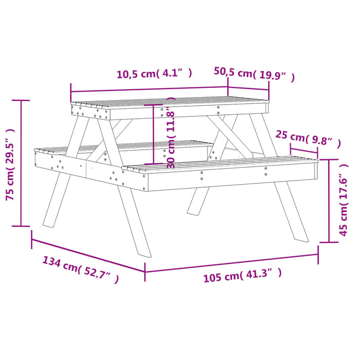 Piknikbord hvit 105x134x75 cm heltre furu