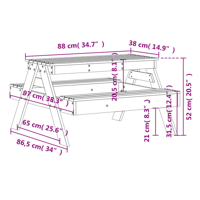 Piknikbord for barn 88x97x52 cm heltre furu