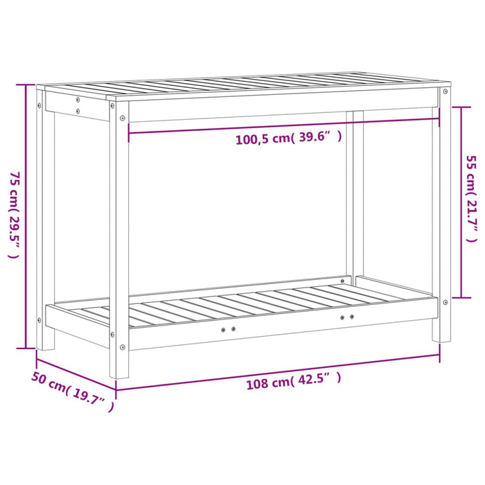 Pottebord med hylle voksbrun 108x50x75 cm heltre furu