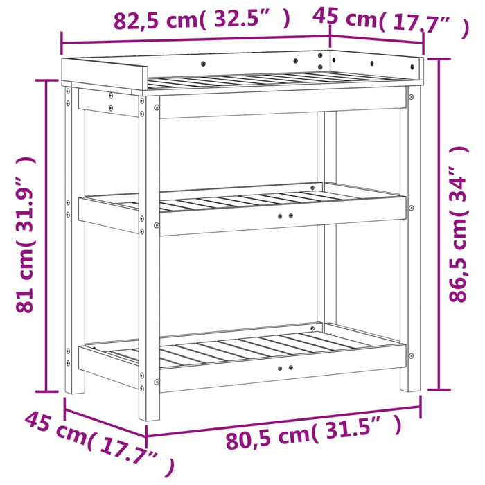 Pottebord med hyller brun 82,5x45x86,5 cm heltre furu