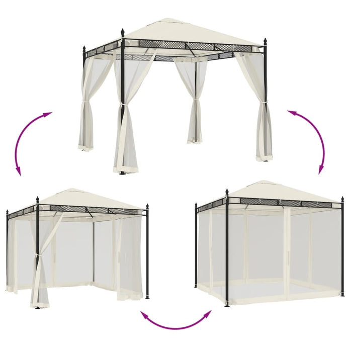 Paviljong med nettingvegger kremhvit 2,93x2,93 m stål