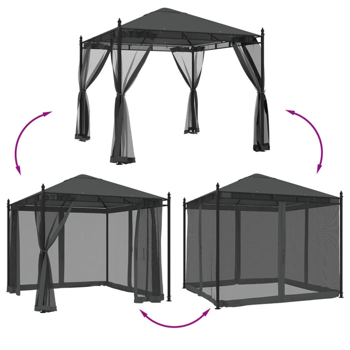 Paviljong med nettingvegger antrasitt 2,93x2,93 m stål