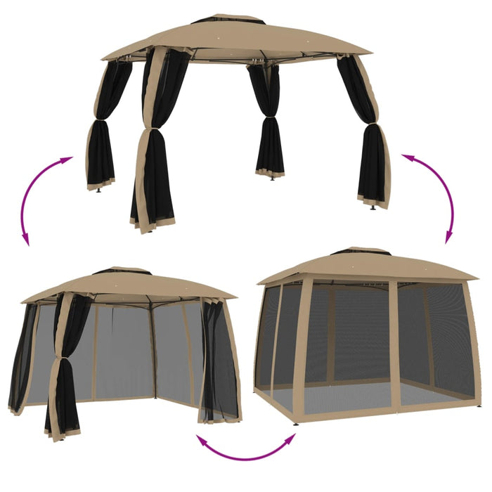 Paviljong dobbelttak og nettingvegger gråbrun 2,93x2,93 m stål