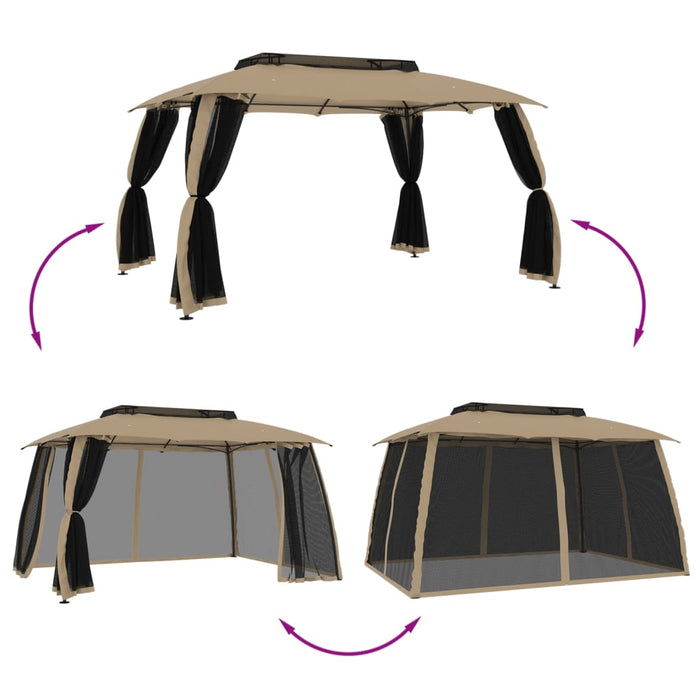 Paviljong dobbelttak og nettingvegger gråbrun 3,93x2,93 m stål