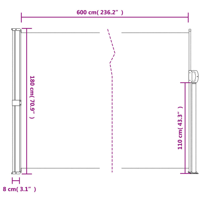 Uttrekkbar sidemarkise 180x600 cm kremhvit