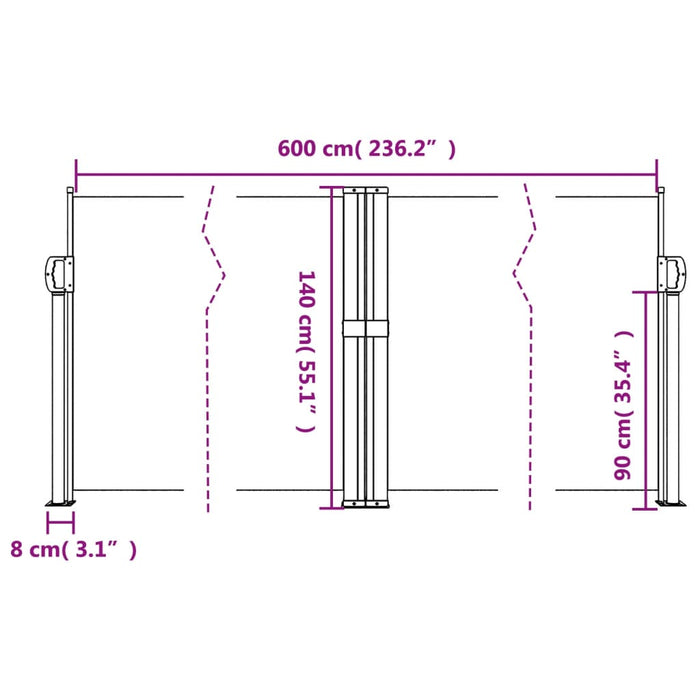 Uttrekkbar sidemarkise 140x600 cm rød