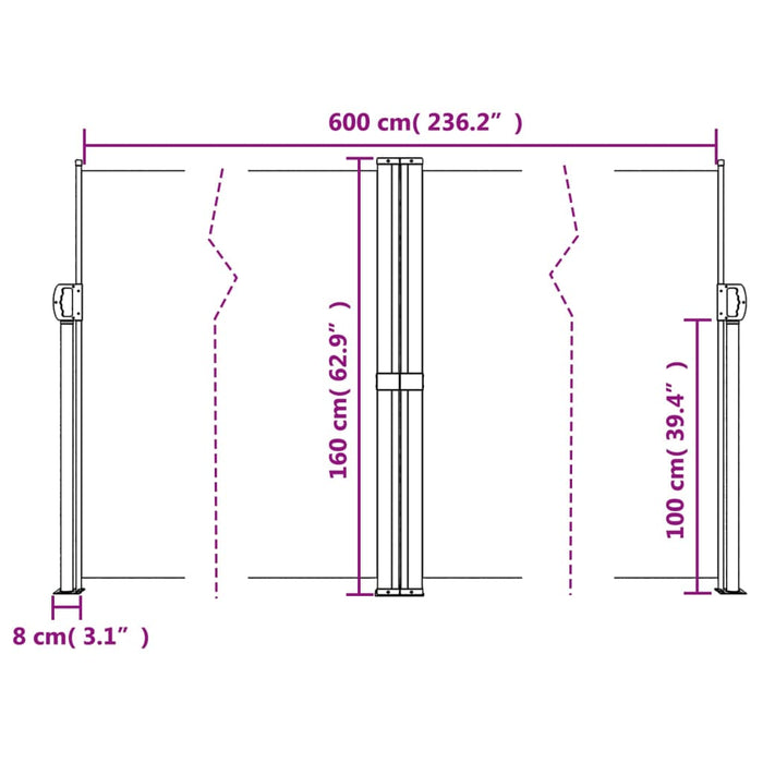 Uttrekkbar sidemarkise hvit 160x600 cm