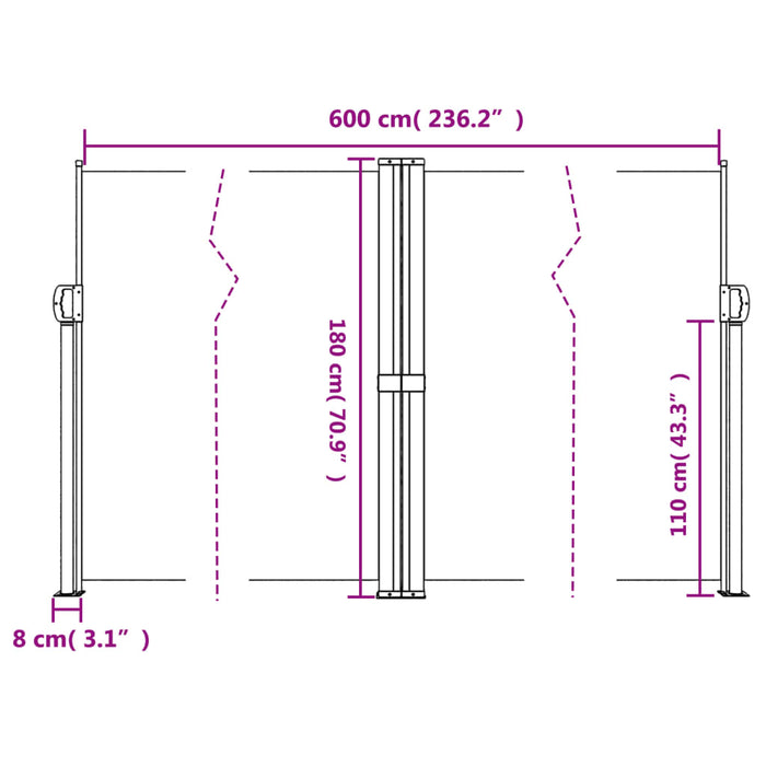 Uttrekkbar sidemarkise 180x600 cm svart