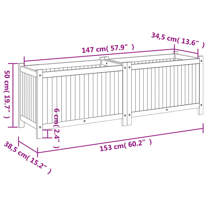 Plantekasse med foring 153x38,5x50 cm helte akasie