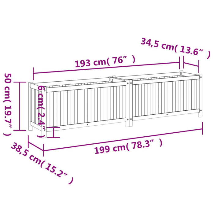 Plantekasse med foring 199x38,5x50 cm helte akasie