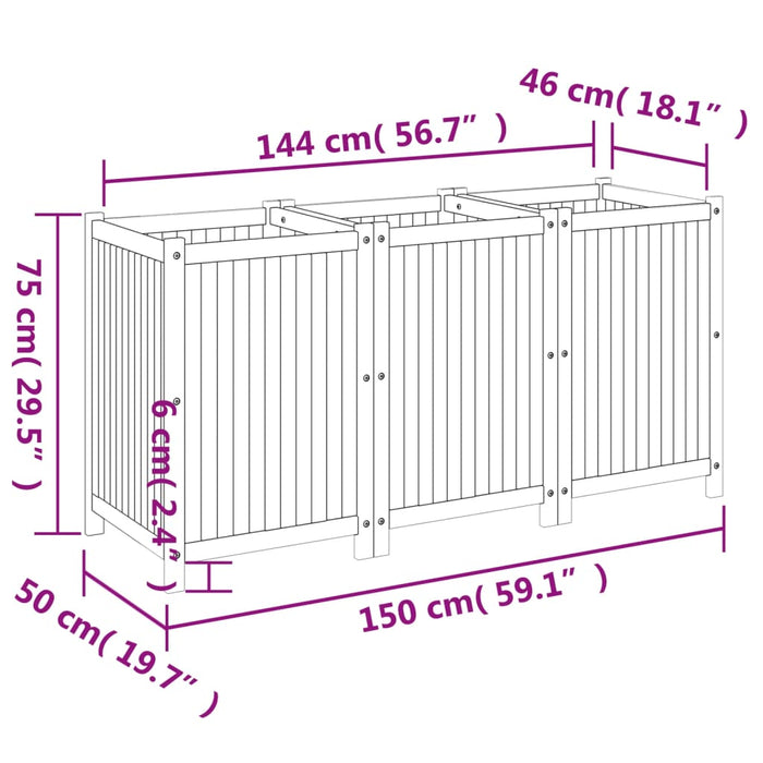 Plantekasse med foring 150x50x75 cm helte akasie