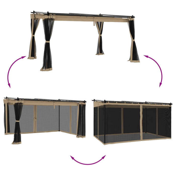 Paviljong med nettingvegger gråbrun 6x3 m stål