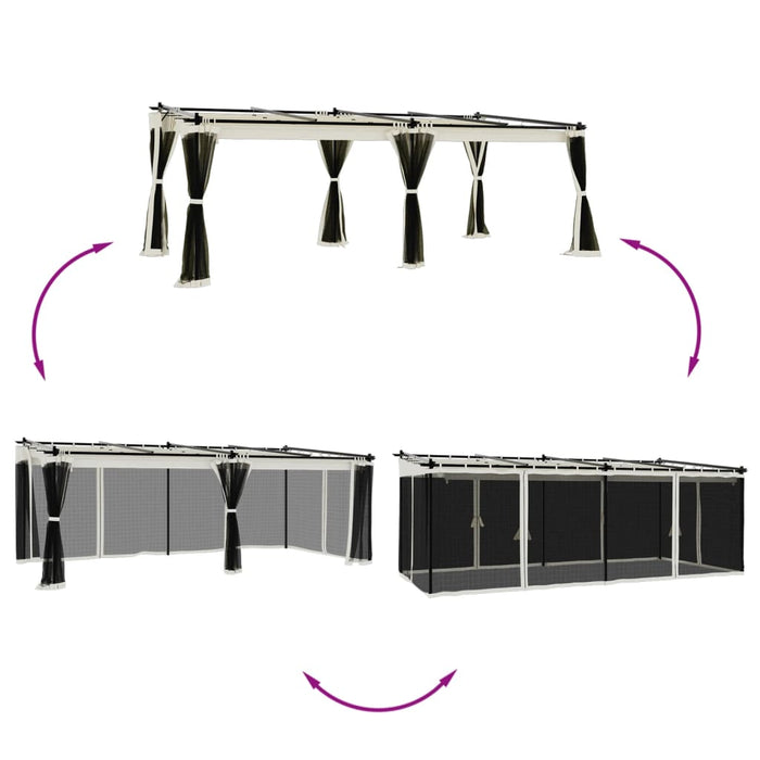 Paviljong med nettingvegger kremhvit 6x3 m stål