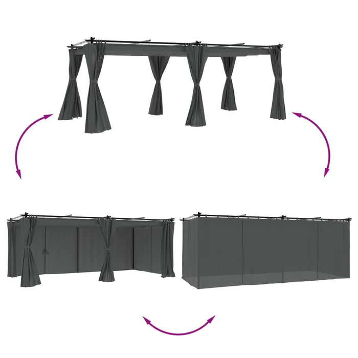 Paviljong med gardiner antrasitt 6x3 m stål