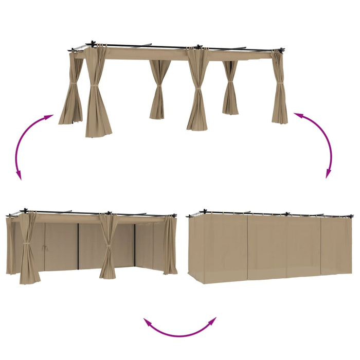 Paviljong med gardiner gråbrun 6x3 m stål