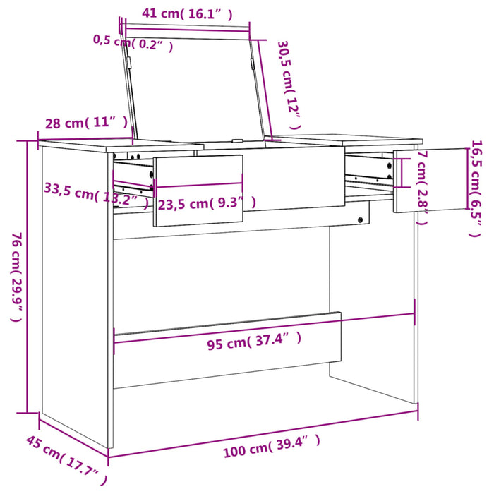 Sminkebord med speil betonggrå 100x45x76 cm