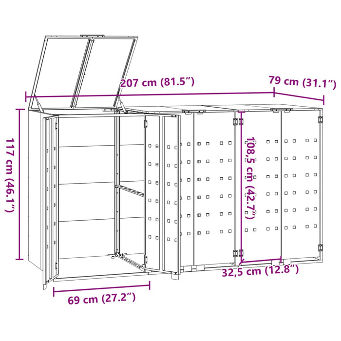 Søppeldunkskur for 3 dunker svart 207x79x117 cm stål