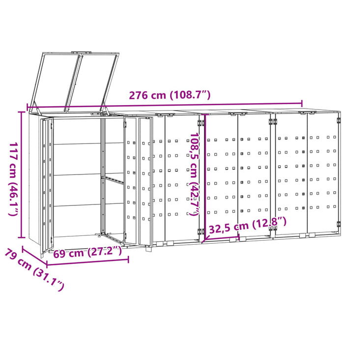 Søppeldunkskur for 4 dunker svart 276x79x117 cm stål