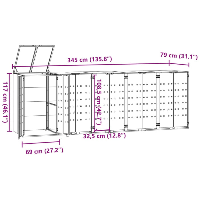 Søppeldunkskur for 5 dunker svart 345x79x117 cm stål