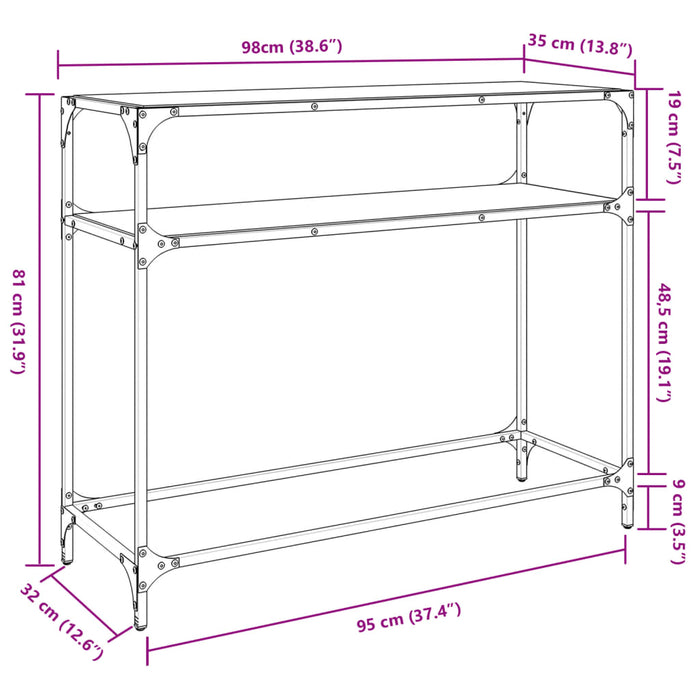 Konsollbord med gjennomsiktig glassplate 98x35x81 cm stål