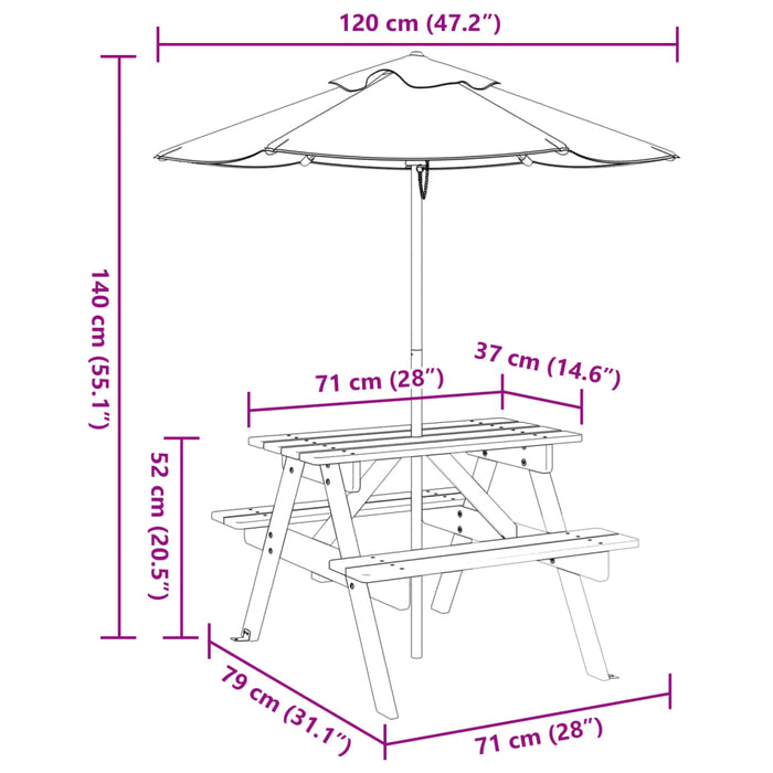 Piknikbord for 4 barn med parasoll heltre gran