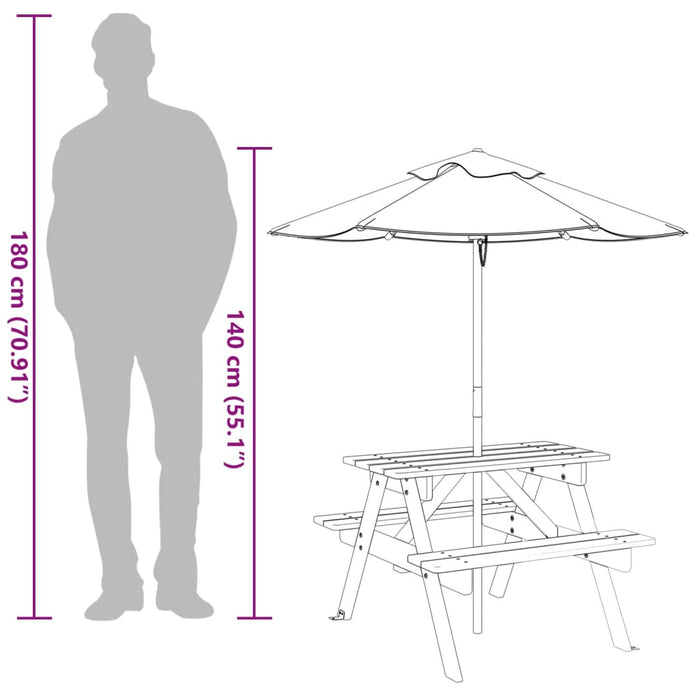 Piknikbord for 4 barn med parasoll heltre gran