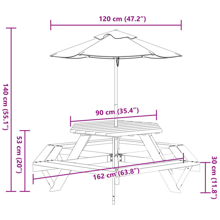 Piknikbord for 6 barn med parasoll heltre gran