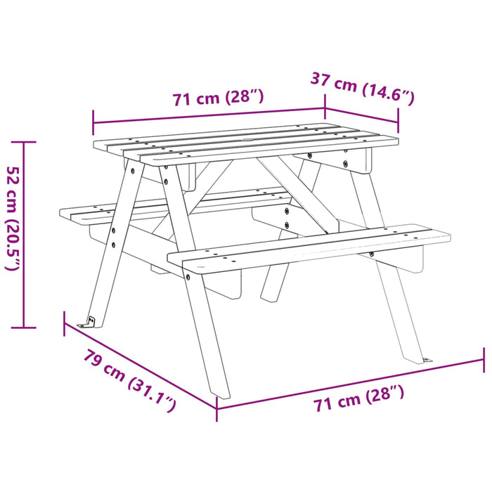 Piknikbord for 4 barn med parasollhull heltre gran