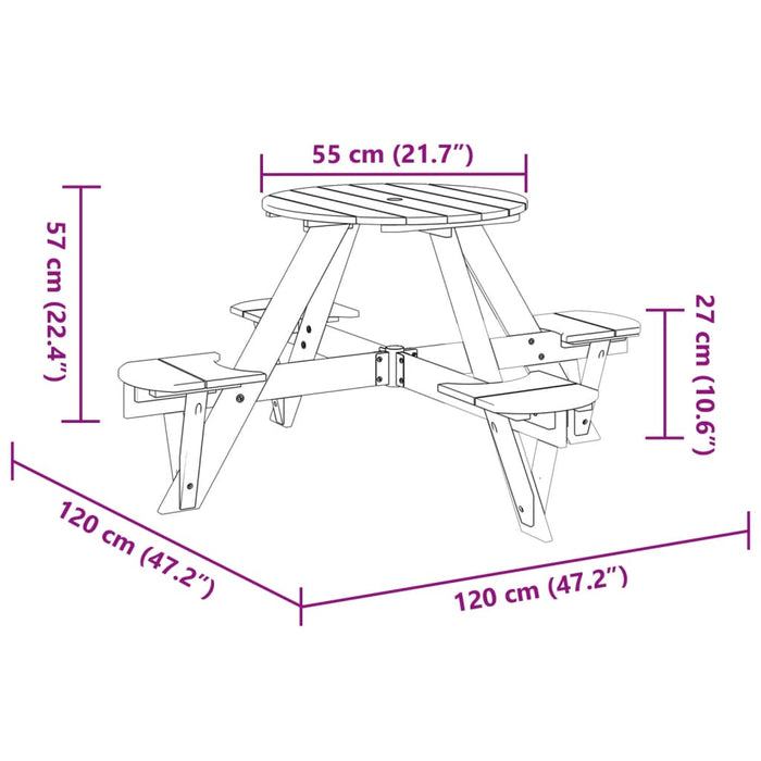 Piknikbord for 4 barn med parasollhull rund heltre gran