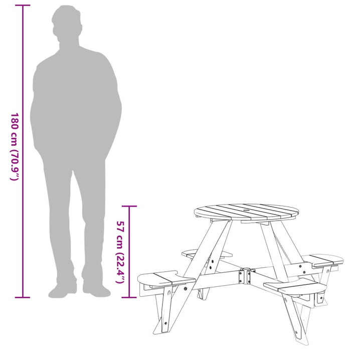 Piknikbord for 4 barn med parasollhull rund heltre gran