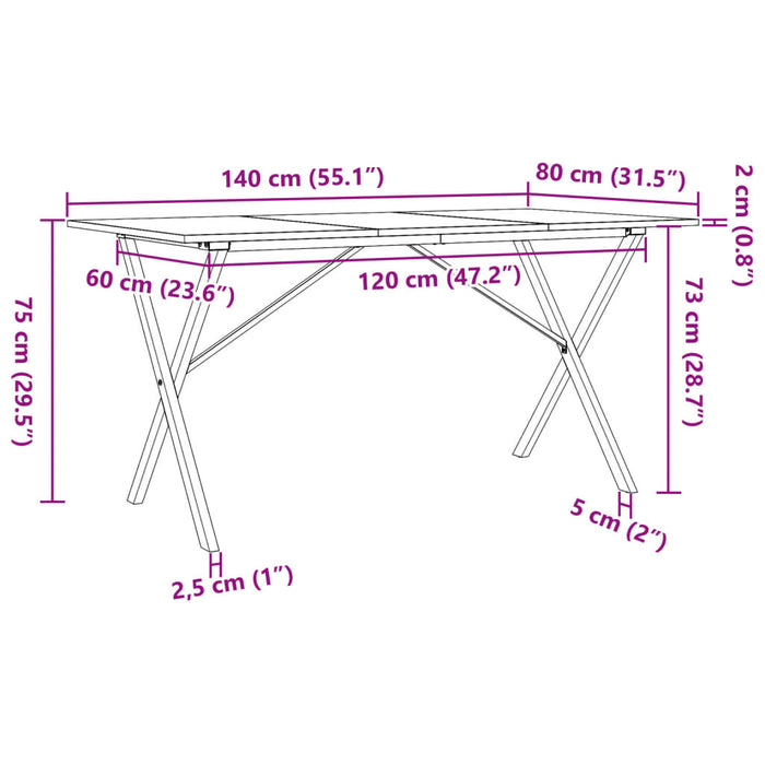 Salongbord X-ramme 140x80x75 cm heltre furu og støpejern