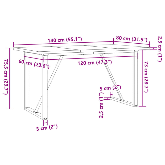 Spisebord O-ramme 140x80x75,5 cm heltre furu og støpejern