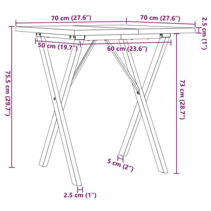 Spisebord X-ramme 70x70x75,5 cm heltre furu og støpejern