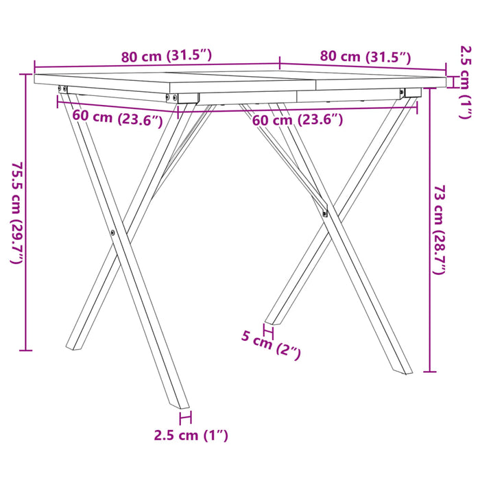 Spisebord X-ramme 80x80x75,5 cm heltre furu og støpejern