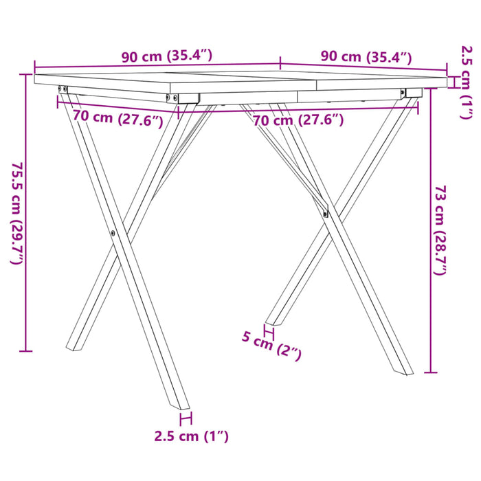 Spisebord X-ramme 90x90x75,5 cm heltre furu og støpejern