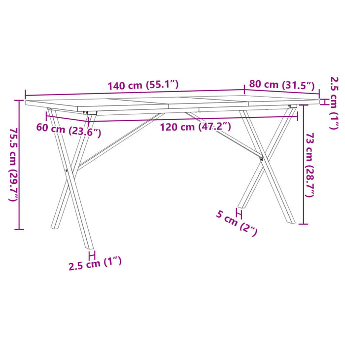 Spisebord X-ramme 140x80x75,5 cm heltre furu og støpejern