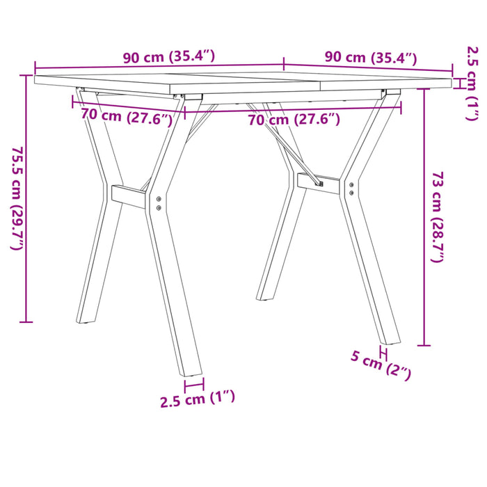 Spisebord Y-ramme 90x90x75,5 cm heltre furu og støpejern