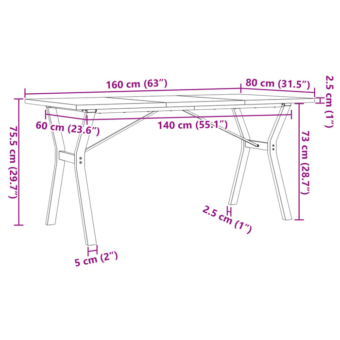 Spisebord Y-ramme 160x80x75,5 cm heltre furu og støpejern