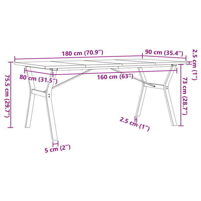 Spisebord Y-ramme 180x90x75,5 cm heltre furu og støpejern