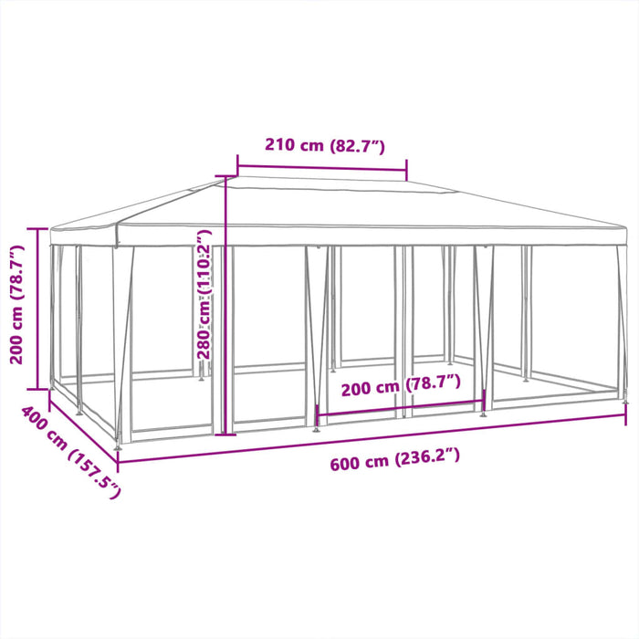 Festtelt med 10 sidevegger av netting hvit 6x4 m HDPE