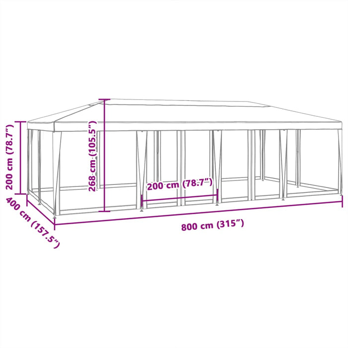 Festtelt med 12 sidevegger av netting hvit 8x4 m HDPE