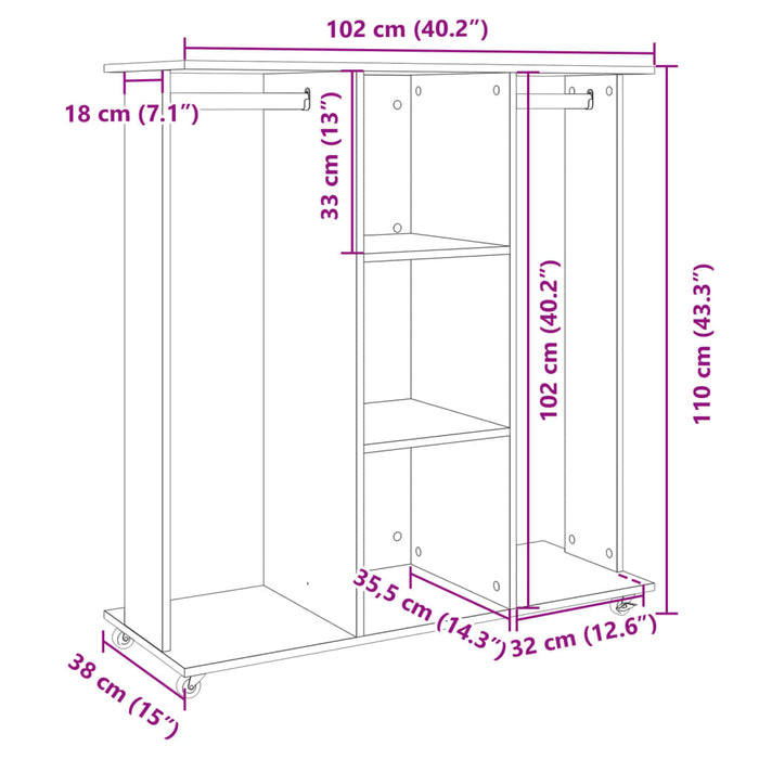 Garderobe med hjul hvit 102x38x110 cm konstruert tre