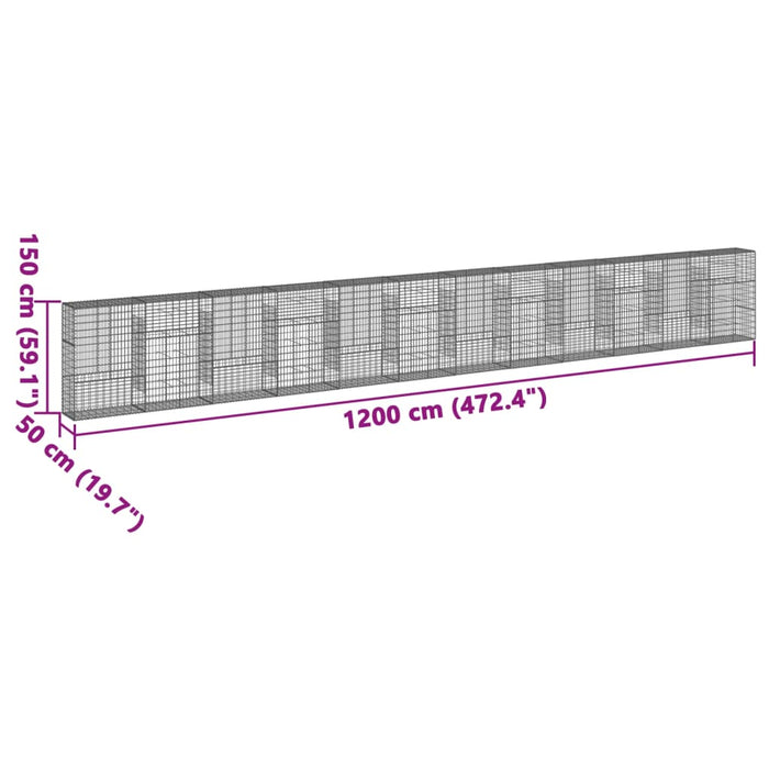 Gabionkurv med deksel 1200x50x150 cm galvanisert jern